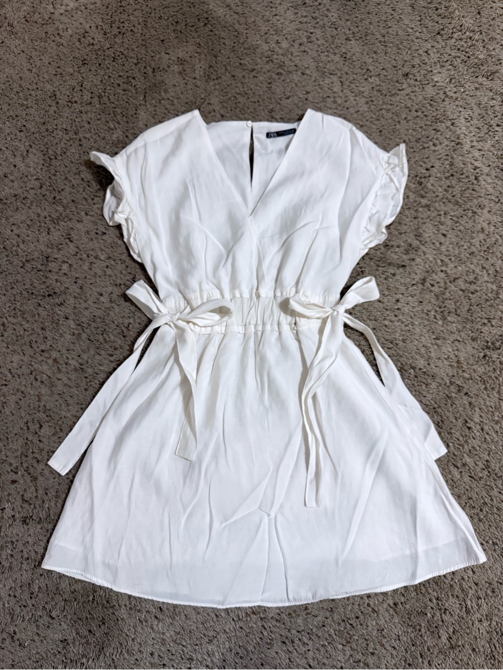 Zara White V-Neck Tie-Waist Mini Dress with Ruffle Sleeves & Side Ties